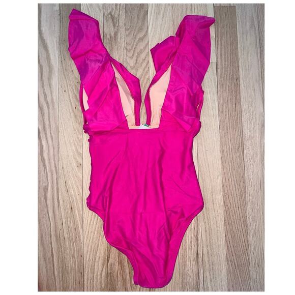 NWT J. Crew Pink Fushia One Piece Swim Suit Ruched Ruffle V Neck Women's 4 - Picture 3 of 9
